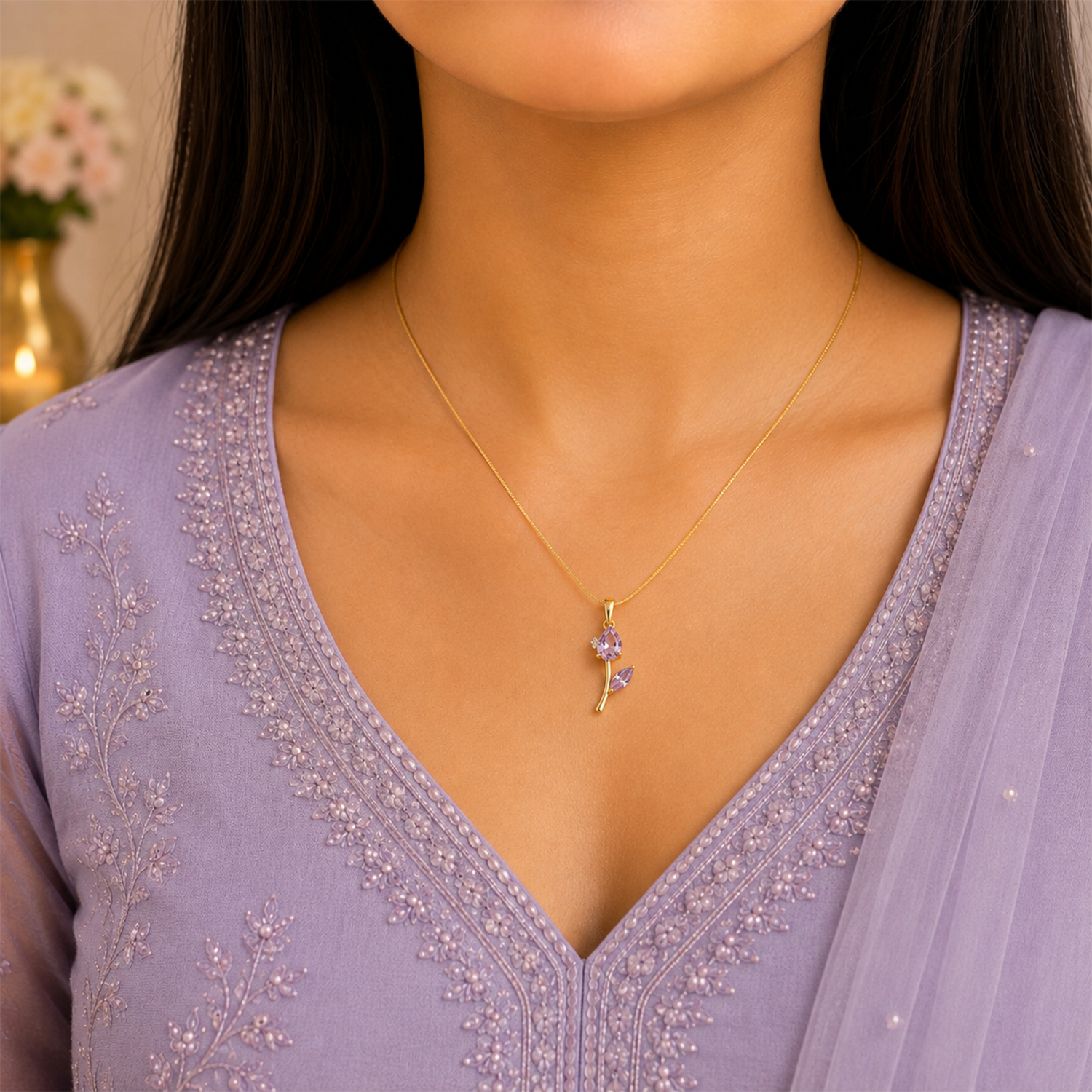 Tulip CZ Teardrop One Leaf Flower Pendant Necklace For Girls & Women's