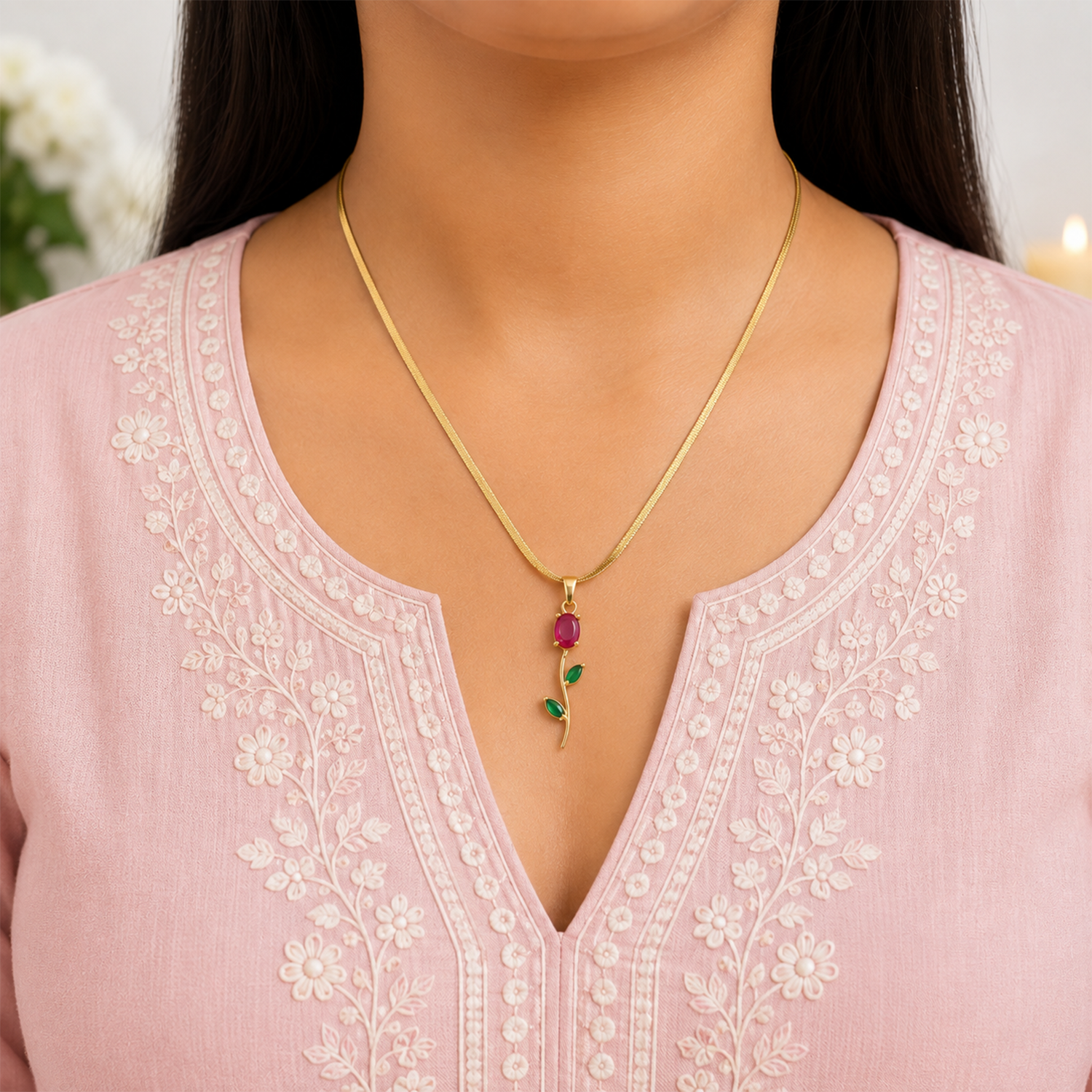 Tulip Teardrop Two Leaf Flower Pendant Necklace For Girls & Women's