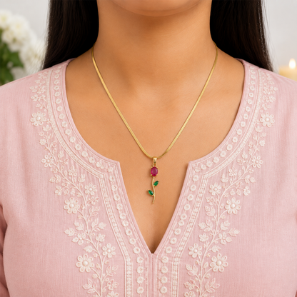 Tulip Teardrop Two Leaf Flower Pendant Necklace For Girls & Women's