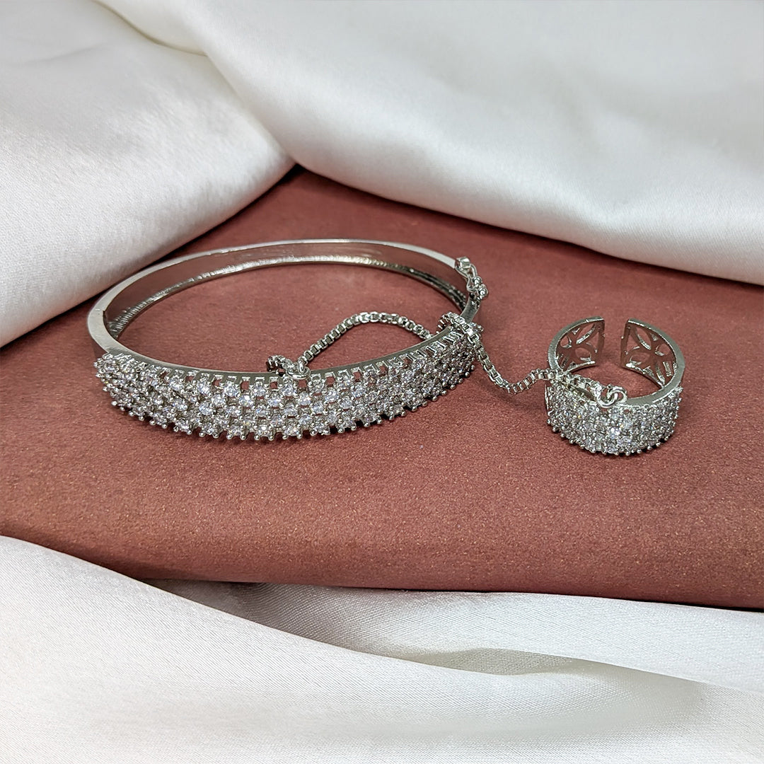 Elegant Silver Finish Four Line AD (American Diamond) Finger Ring Bracelet for Girls & Women