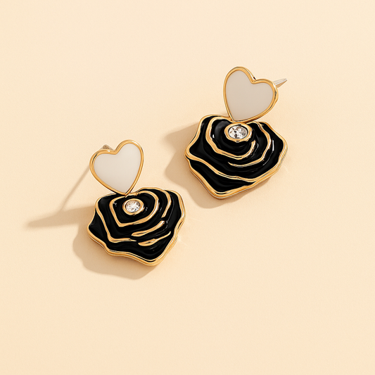 Heart & Rose Enamel Statement Stud Earrings