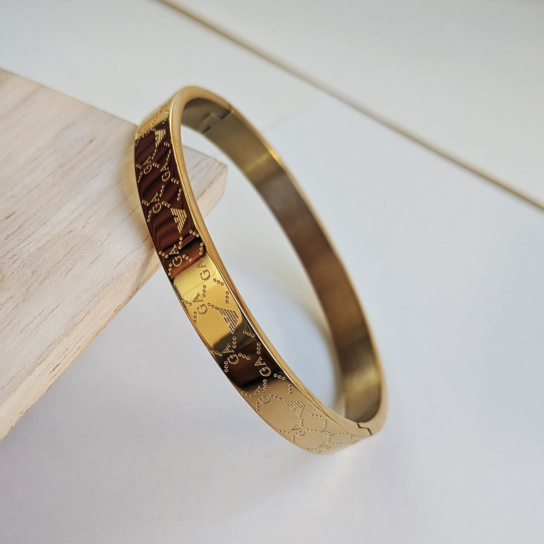 Gold Plated Luxury Armani Brand Inspired Monogram Engraved Designer Stainless Steel Bracelet For Men