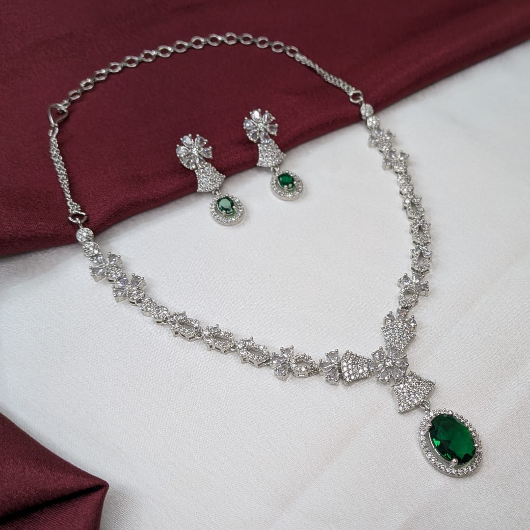 American Diamond Oval Drop Pendant with Leaf-Pattern Detailing Necklace Set