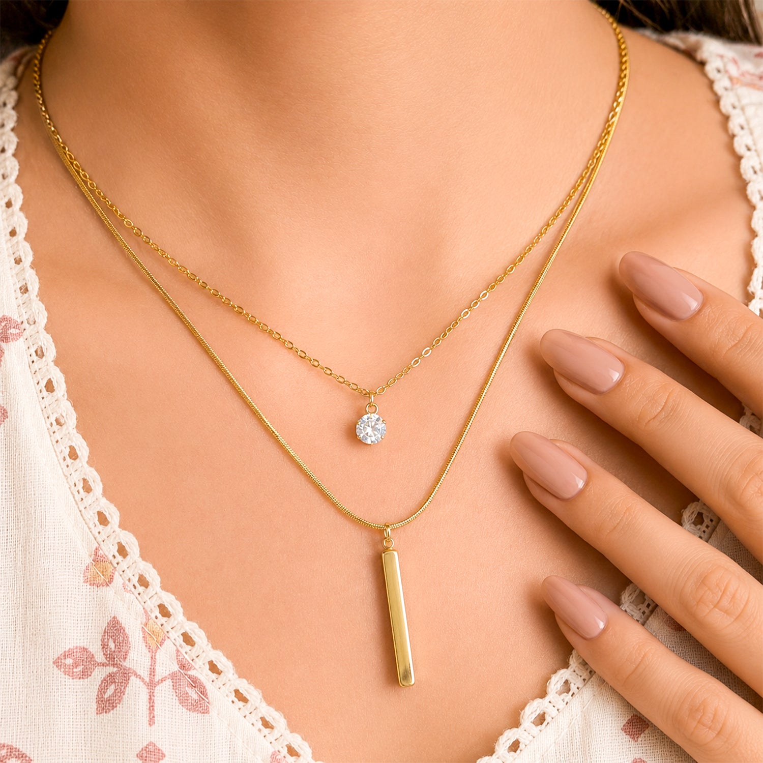 Vertical Bar & Crystal Stone Dual Layered Pendant For Girls & Women's