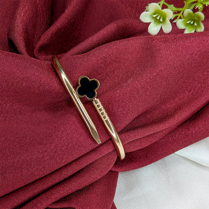 Elegant Nail Design Bracelet With Floral Black Enamel Charm For Girls & Women