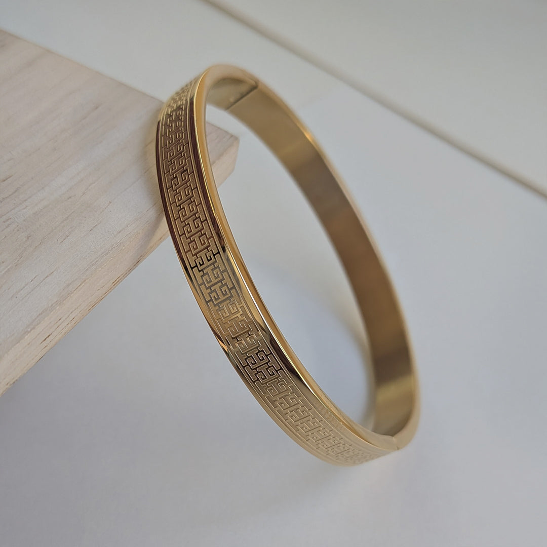 Gold Plated Greek Key Pattern Engraved Luxury Designer Stainless Steel Bracelet For Men