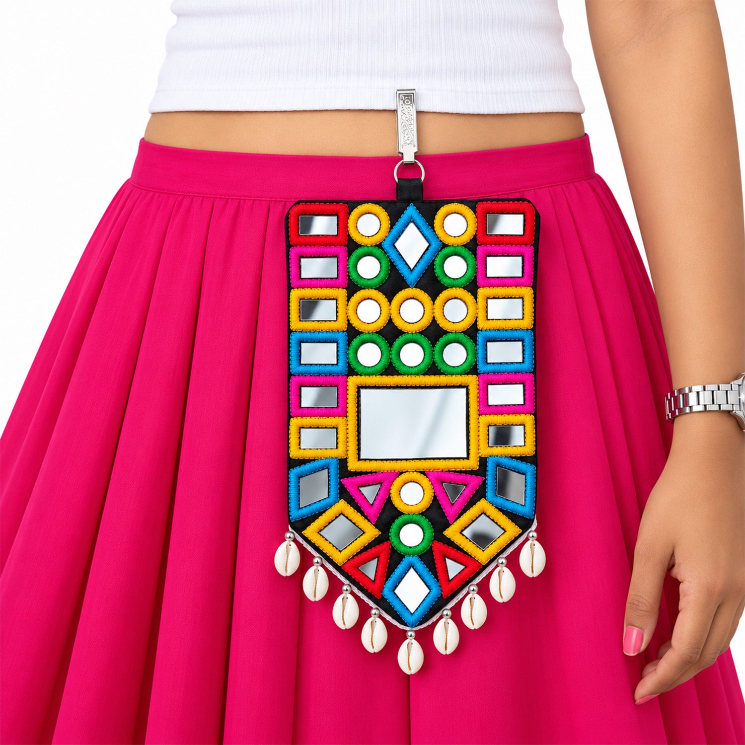 Handcrafted Cowrie Shell Kutchi Mirror Work Mobile Pouch