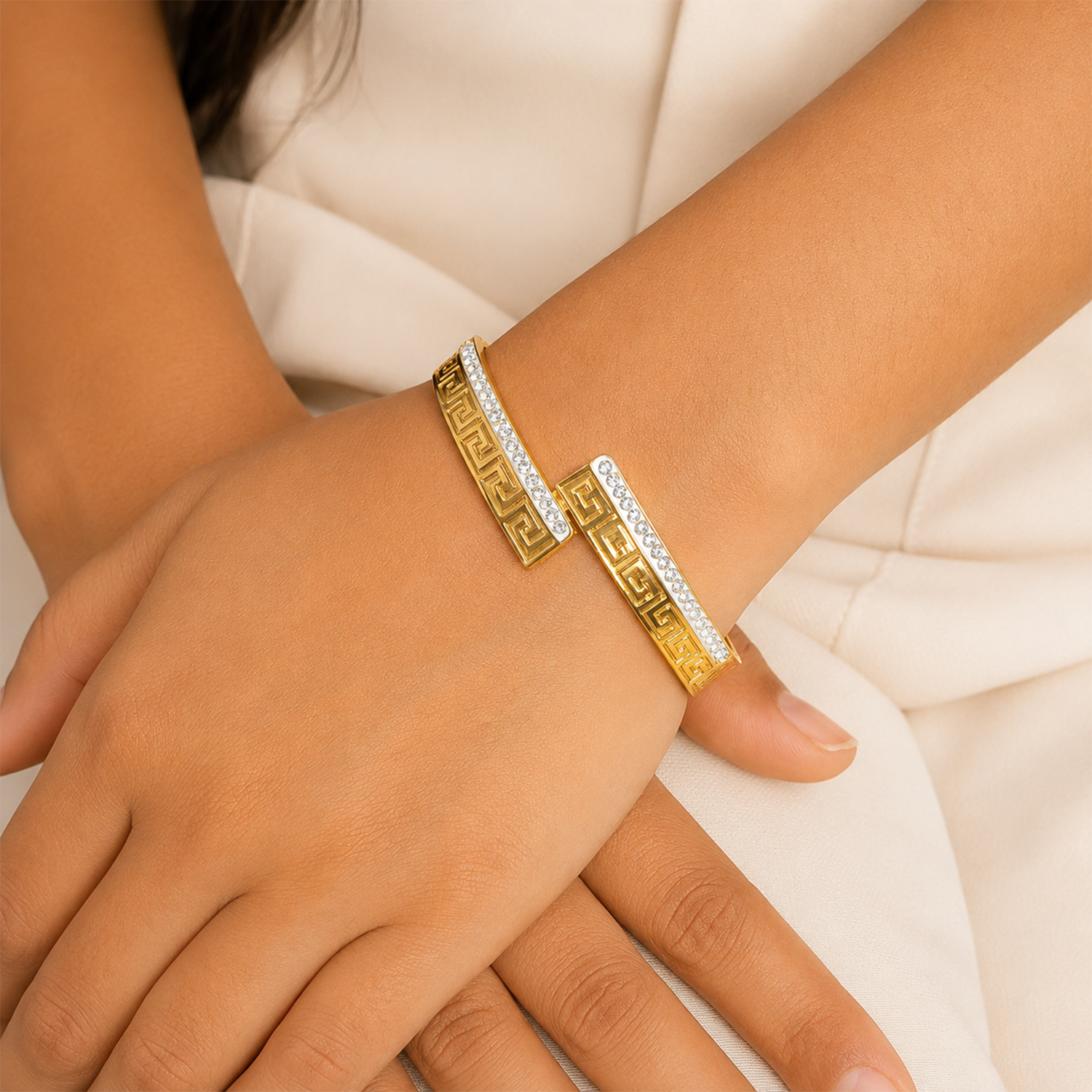 Stylish Overlap Hand Greek Key Design AD Stone Bracelet for Girls & Women