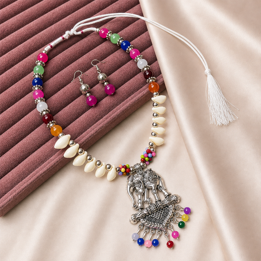Oxidized Elephant  Multicolor Bead Drops Pendant Set
