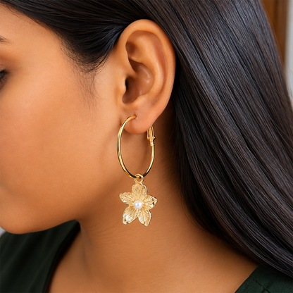Flower Charm Hoop Earrings with Pearl Accent for Girls & Women