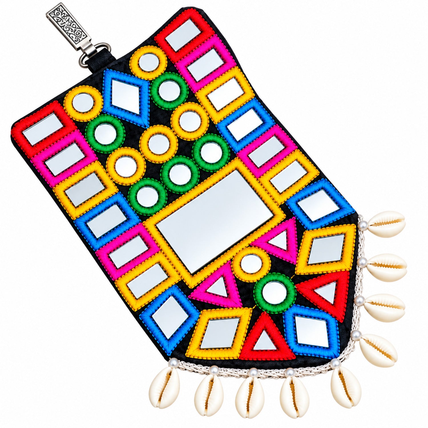 Handcrafted Cowrie Shell Kutchi Mirror Work Mobile Pouch