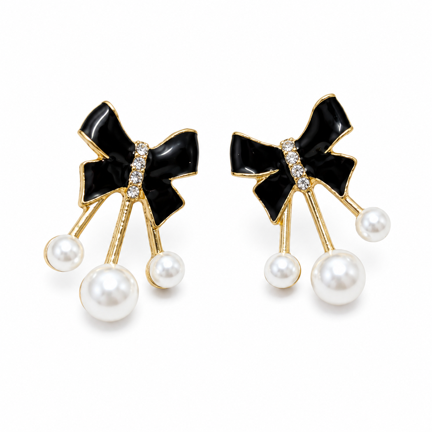 Black Enamel Bow With White Pearl Stones Earrings For Girls & Women