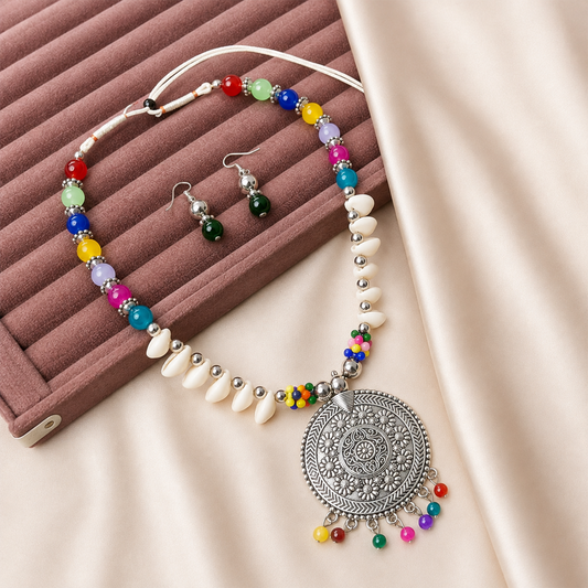 Oxidized Circle Multicolor Bead Drops Pendant Set