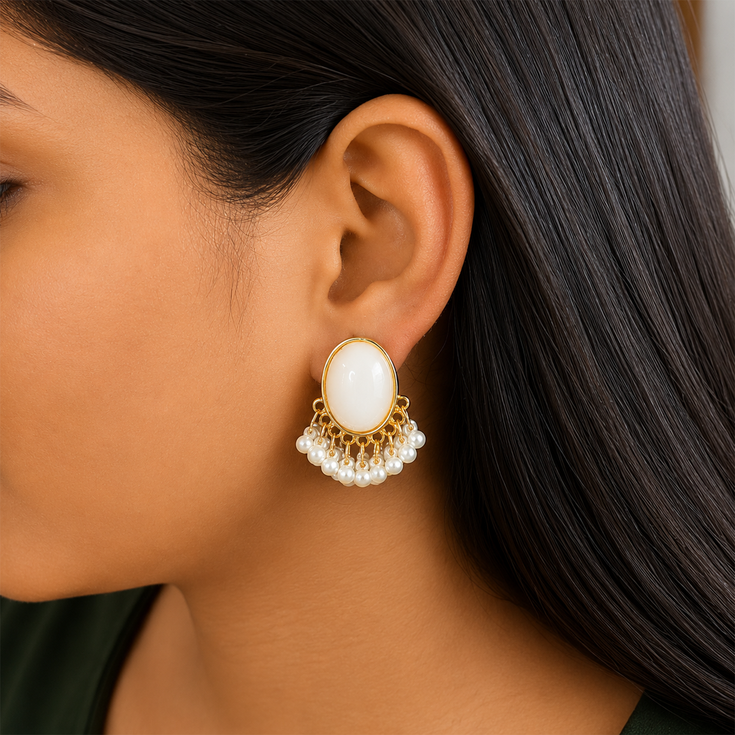 Oval Stone Pearl Stud Earrings with Pearl Tassel for Women & Girls