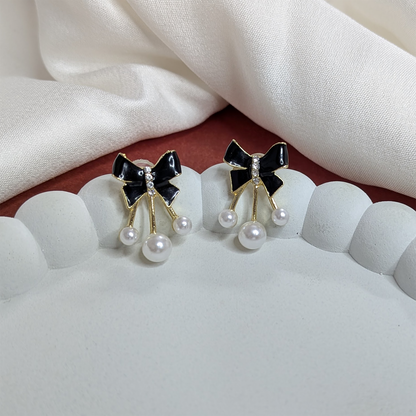 Black Enamel Bow With White Pearl Stones Earrings For Girls & Women