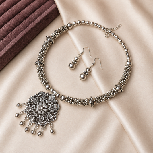 Oxidized Floral Necklace & Dangle Earrings Set for Girls & Women's