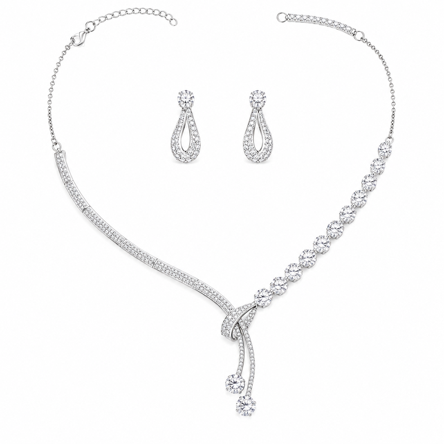 Queen's Floral Y-Shaped Rhodium Finish Necklace Set for Girls & Women's