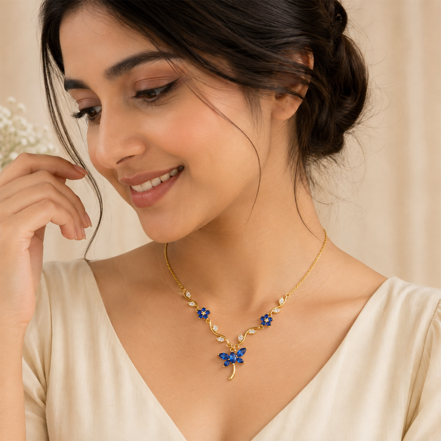 Butterfly Floral CZ Accented Pendant Necklace For Girls & Women's