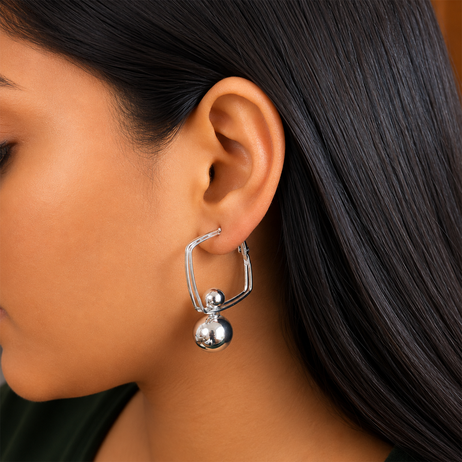 Dual Ball Square Hoop Earrings for Women & Girls