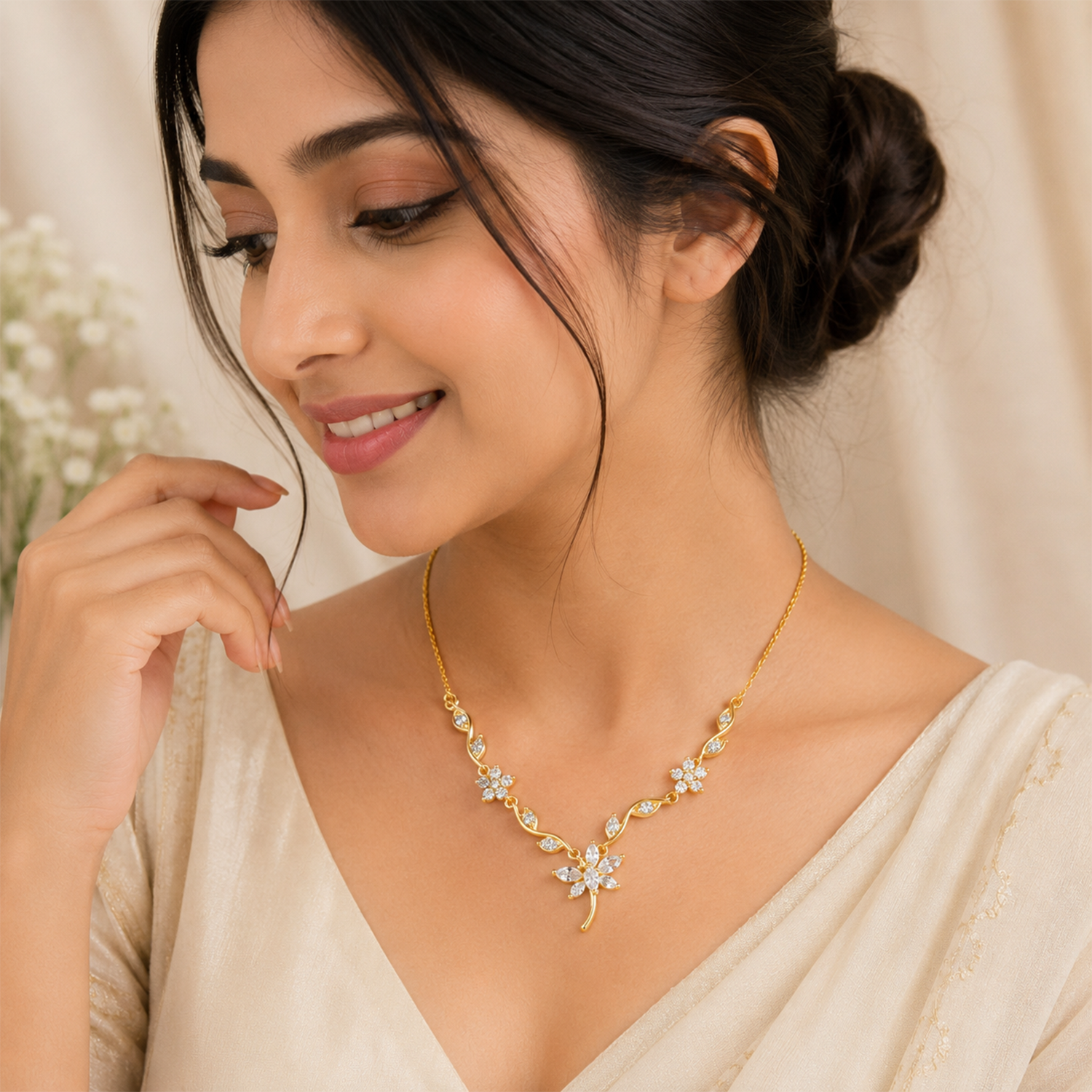 Butterfly Floral CZ Accented Pendant Necklace For Girls & Women's