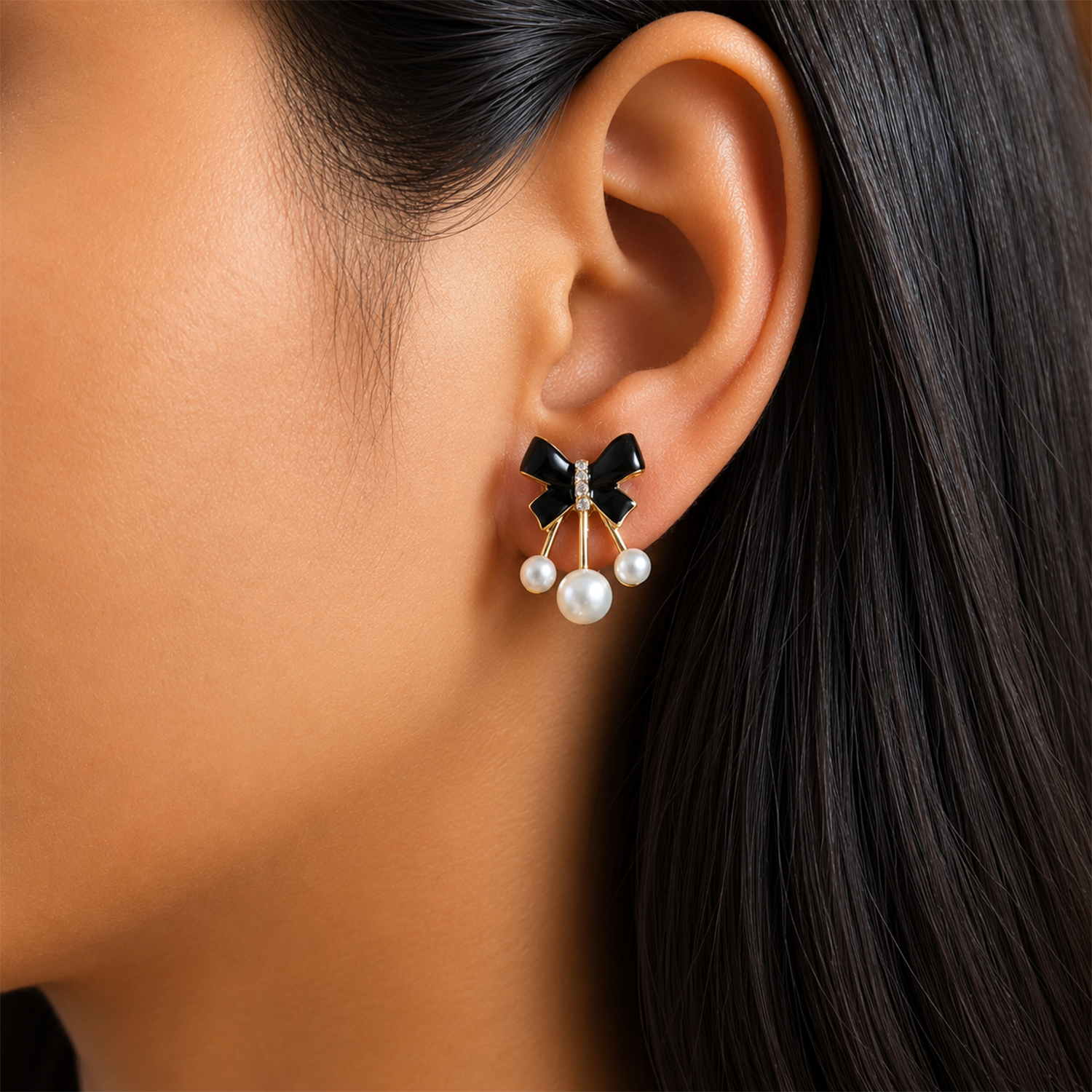 Black Enamel Bow With White Pearl Stones Earrings For Girls & Women