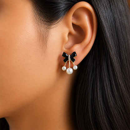 Black Enamel Bow With White Pearl Stones Earrings For Girls & Women