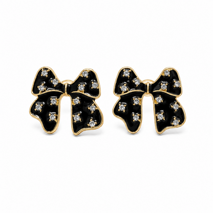 Forever Black Enamel Bow With Crystal Stones Earrings For Girls & Women