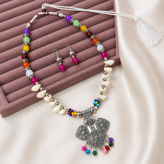Oxidized Silver Tribal Bow Pendant Set with Beads