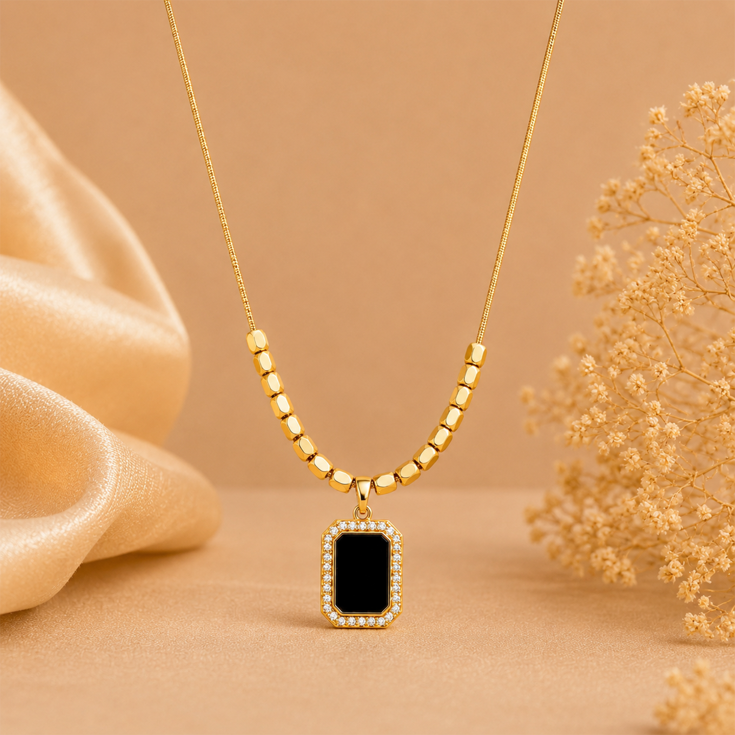 Rectangular Black Onyx Block CZ Stone Pendant for Girls & Women's