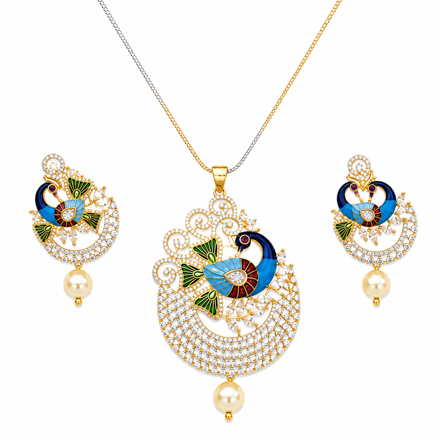 Peacock Majesty AD Stone Pendant Set for Girls & Women's