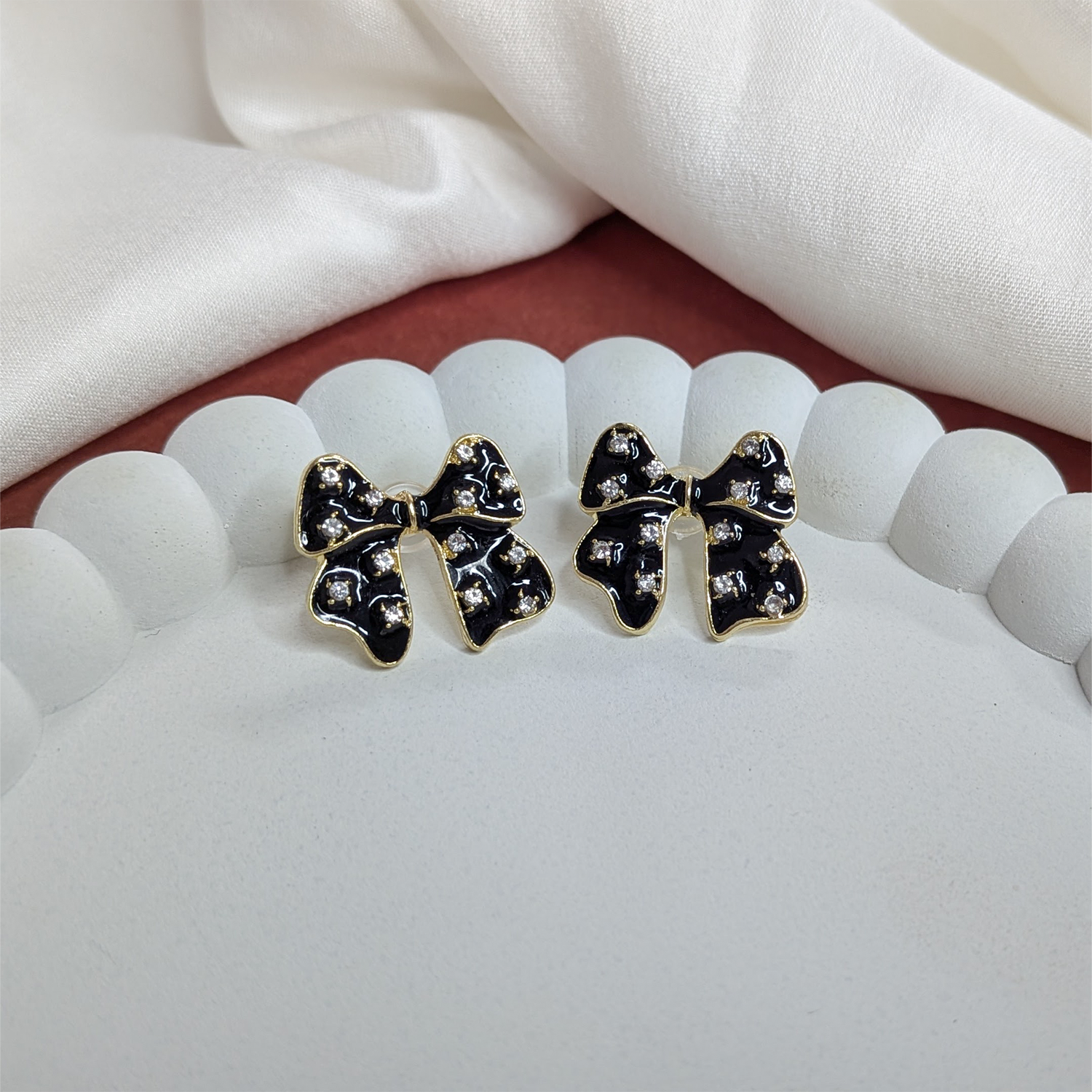 Forever Black Enamel Bow With Crystal Stones Earrings For Girls & Women