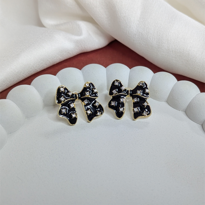 Forever Black Enamel Bow With Crystal Stones Earrings For Girls & Women