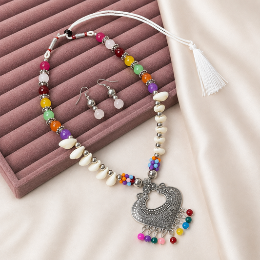 Oxidized Kalash Multicolor Bead Drops Pendant Set