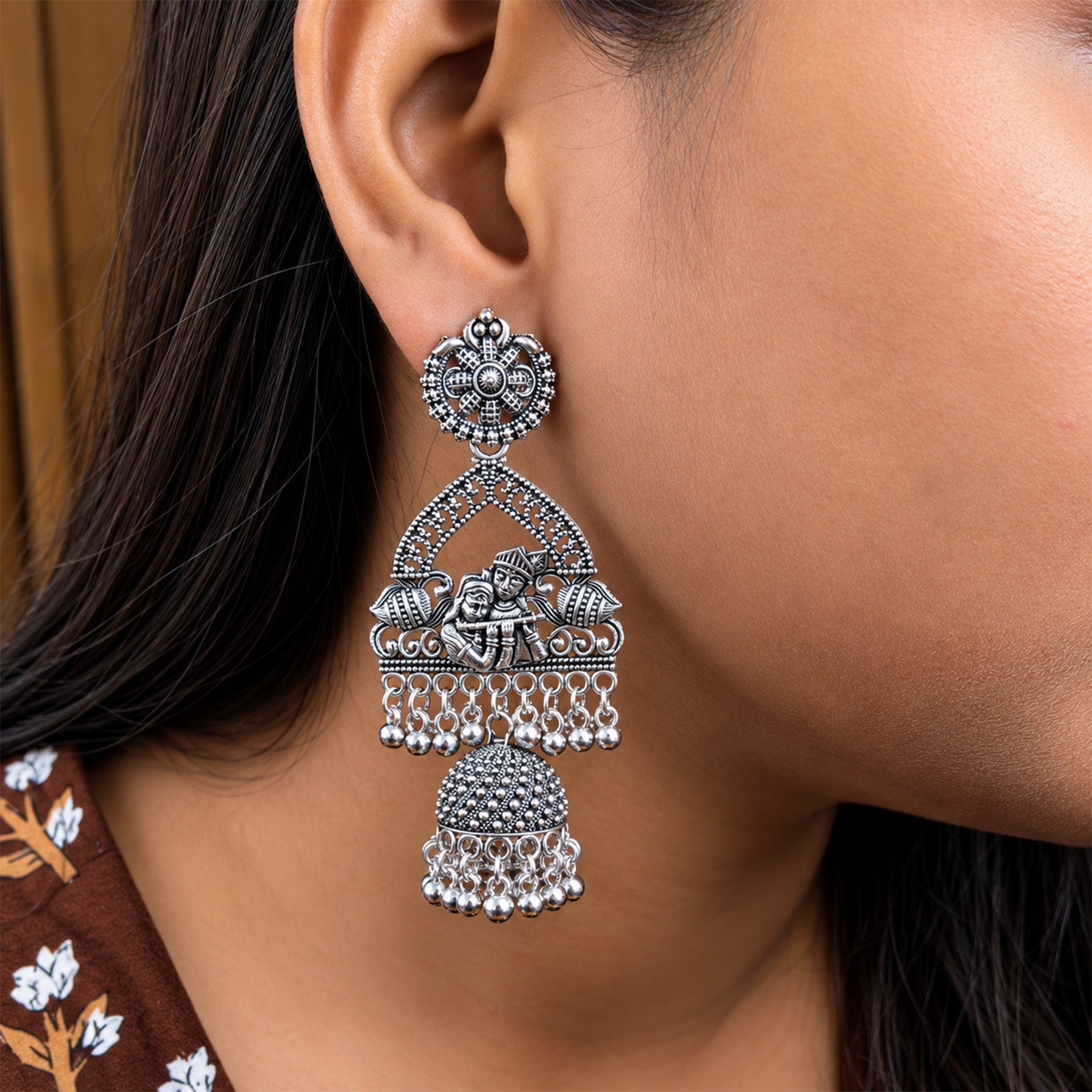 Oxidized Radha Krishna Motif Earrings for Girls & Women's
