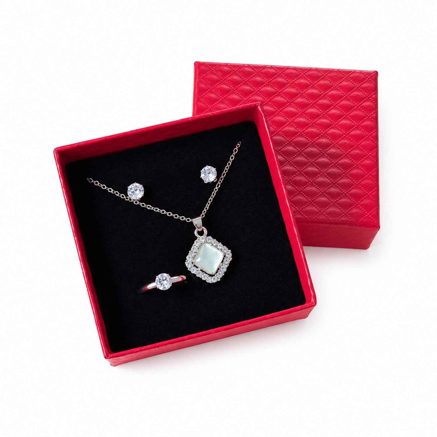 Elegant Square Crystal Jewelry Set with Red Gift Box