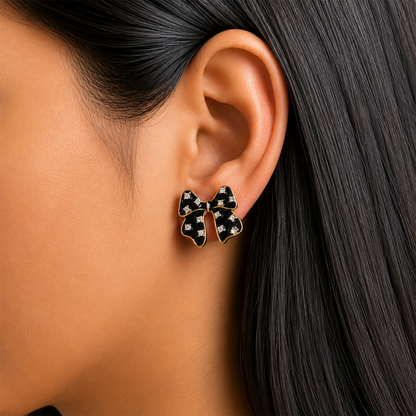 Forever Black Enamel Bow With Crystal Stones Earrings For Girls & Women