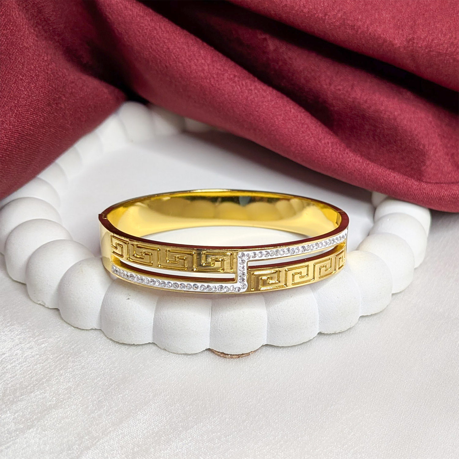 Linear Greek Key Design AD Stone Cuff Bracelet for Women & Girls