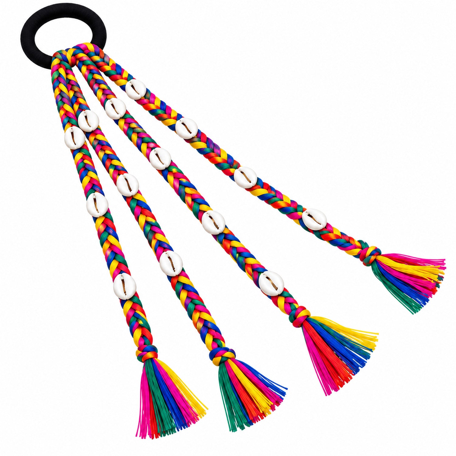 Bright Rainbow Strands Cowrie Shell Hair Tie
