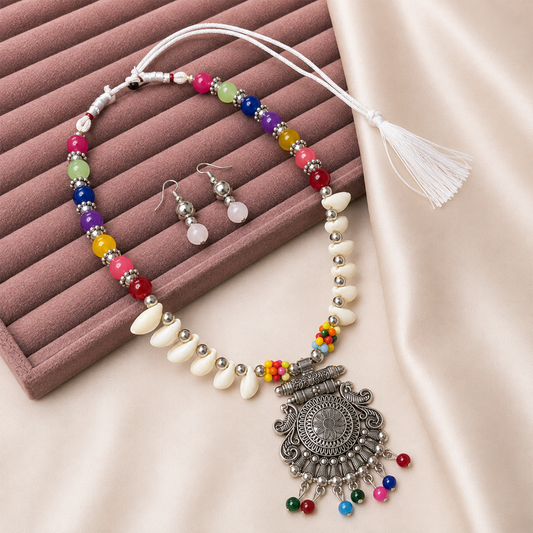 Oxidized Silver Tribal Floral Pendant Set with Beads