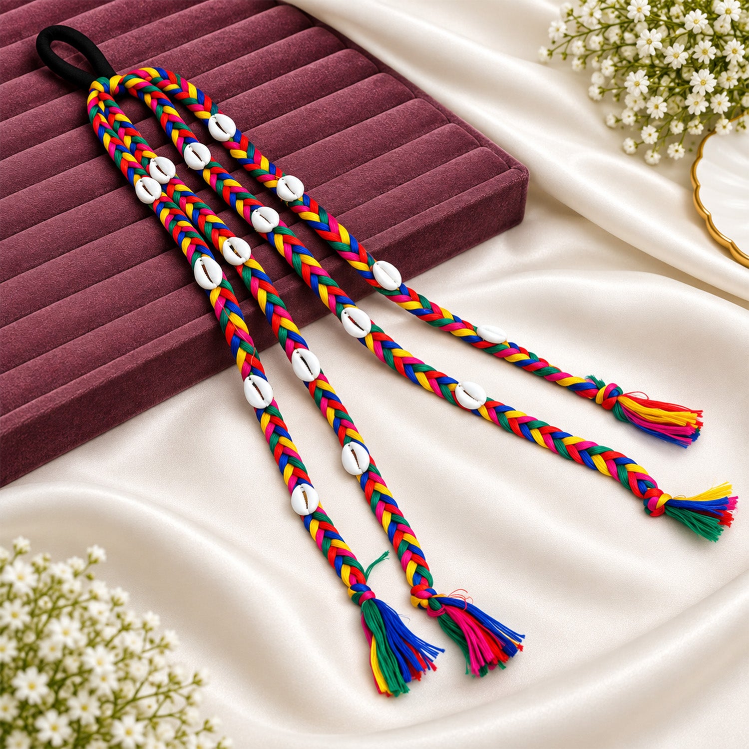 Bright Rainbow Strands Cowrie Shell Hair Tie