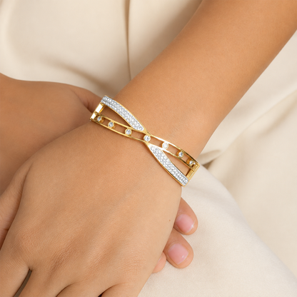 Dual Line Ad Stone Wavy Hinged Cuff Bracelet for Girls & Women