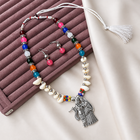 Oxidized Radha Krishna Idol Bead Drops Pendant Set