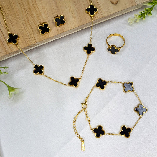 Gold Plated Floral Combo Set with Necklace, Earrings, Ring & Bracelet