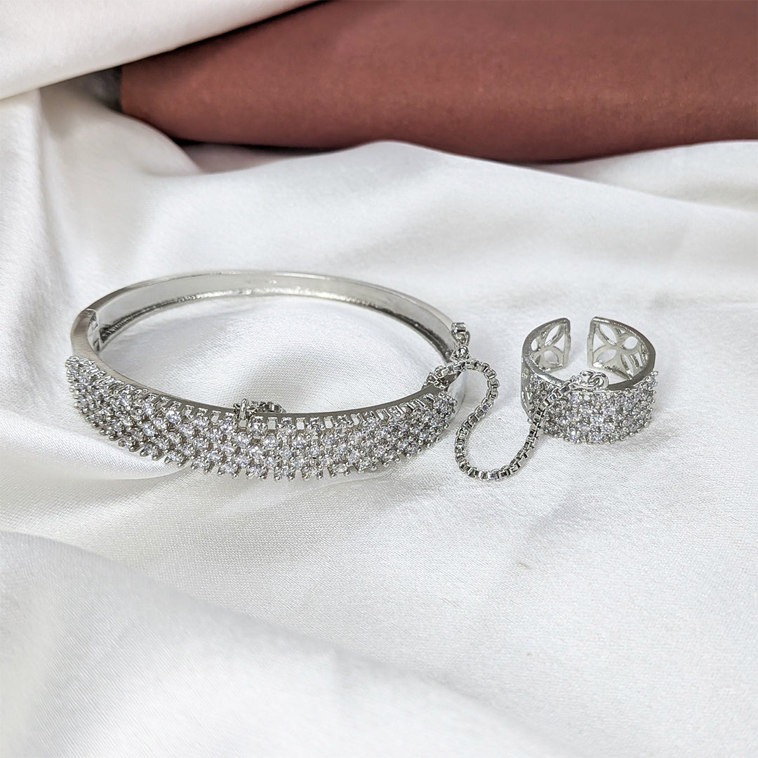 Elegant Silver Finish Four Line AD (American Diamond) Finger Ring Bracelet for Girls & Women