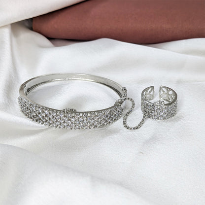 Elegant Silver Finish Four Line AD (American Diamond) Finger Ring Bracelet for Girls & Women