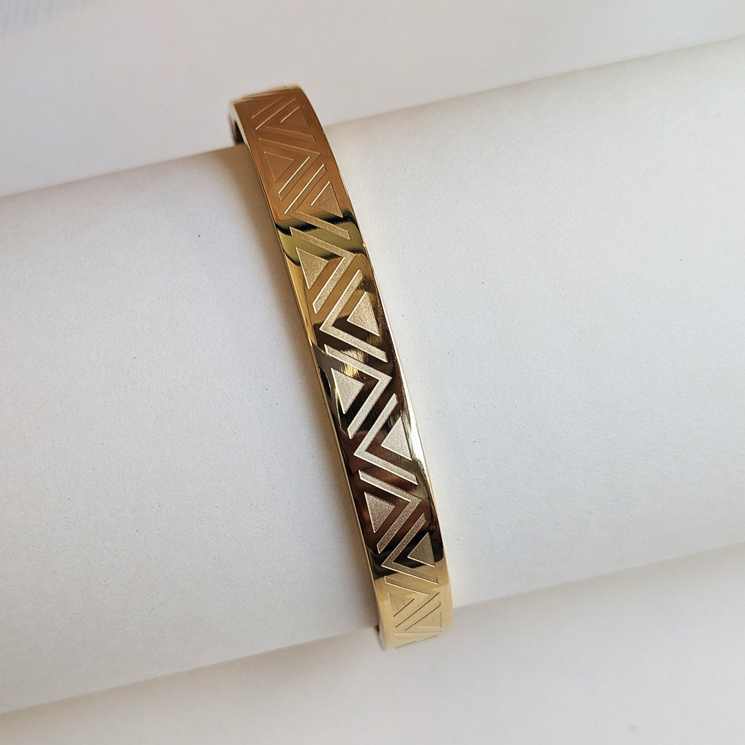 Gold Plated Geometric Triangle Engraved Designer Stainless Steel Bracelet For Men