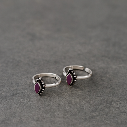 Oxidised Silver Marquise Toe Rings with Pink Stone Accent (Set of 2)