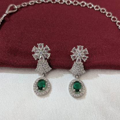 American Diamond Oval Drop Pendant with Leaf-Pattern Detailing Necklace Set