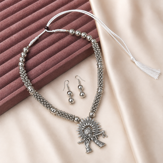Oxidized Silver Krishna Flute Pendant Set for Girls & Women