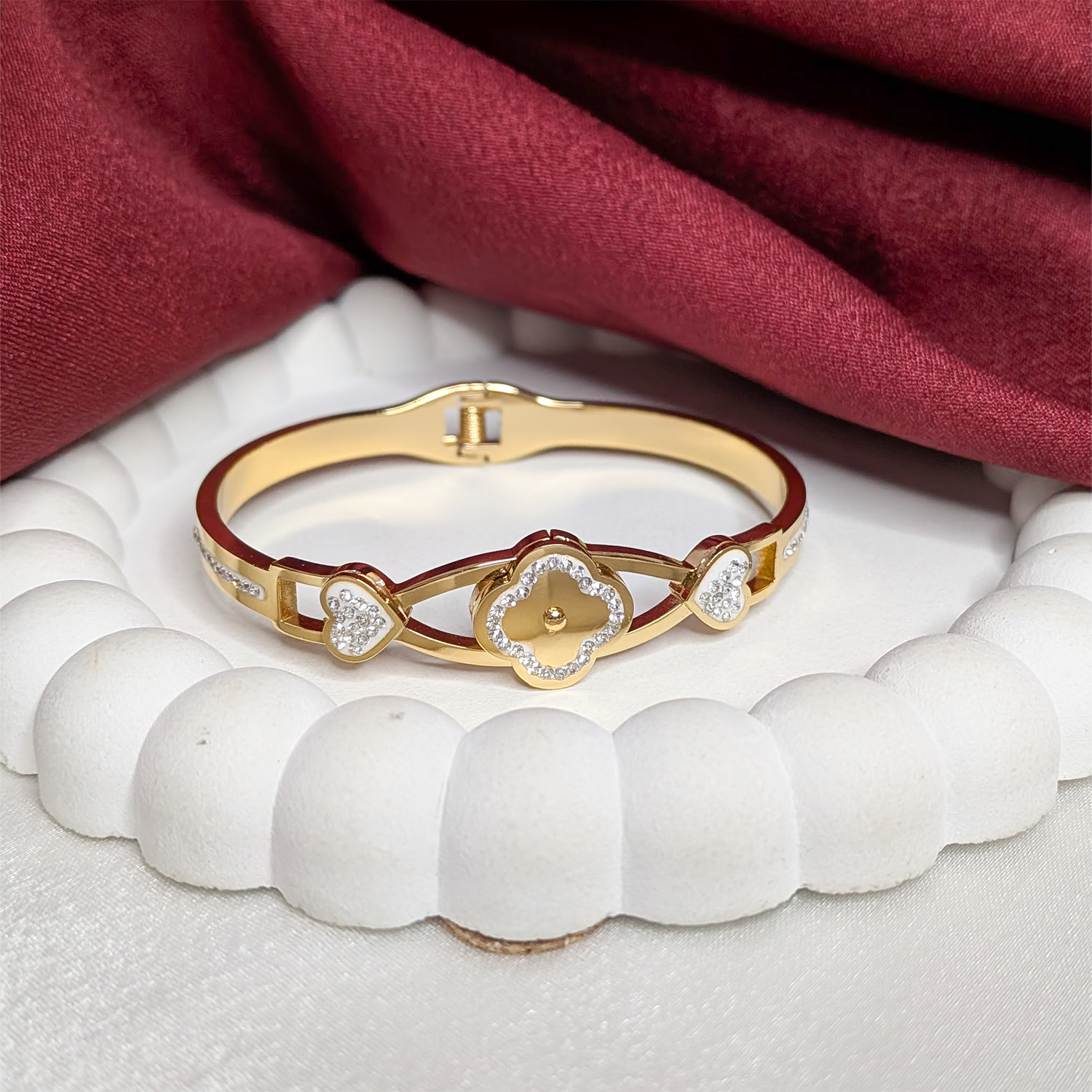 Heart & Flower Design AD Stone Cuff Bracelet for Women & Girls